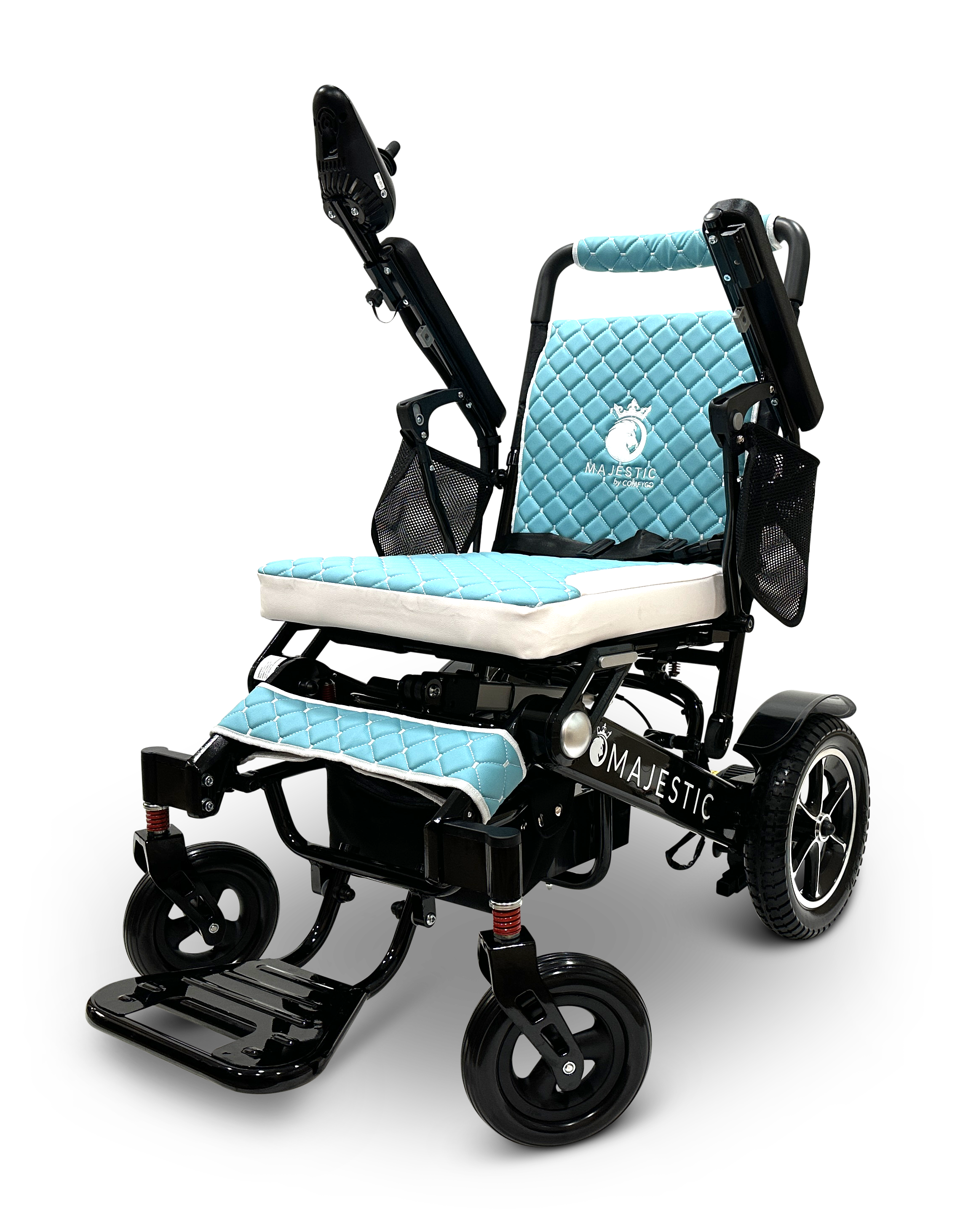 The MAJESTIC IQ-7000 Auto Folding Remote Controlled Electric Wheelchair is designed in black with blue quilted cushions and armrests. It includes an intelligent joystick control on the right armrest, sturdy wheels, and an auto folding footrest. The brand name Majestic is prominently displayed on the chair.